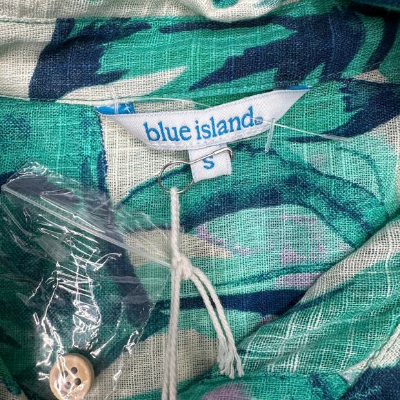Blue Island Button Up Shirt Sz L Teal Tropical Leaf Hi Low Long Sleeve Cover Up - Picture 6 of 8